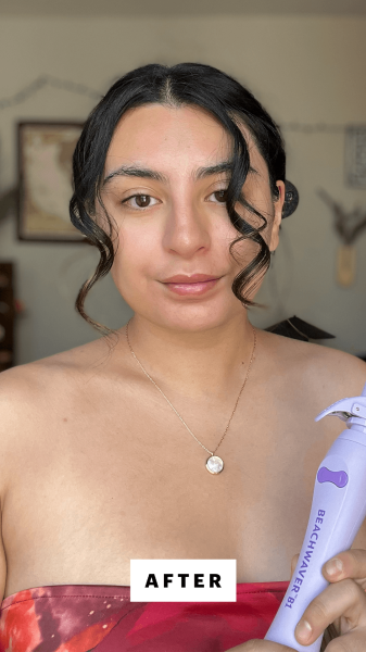 Hussein after using The Beachwaver Co.'s B1 Rotating Curling Iron